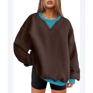 Womens Long Sleeve Oversized Pullover Sweatshirt Athleisure Comfy M Brown/Teal